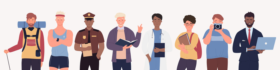 Male characters of different occupations and professions set vector illustration. Cartoon professional doctor teacher businessman policeman student photographer traveler athlete isolated on white