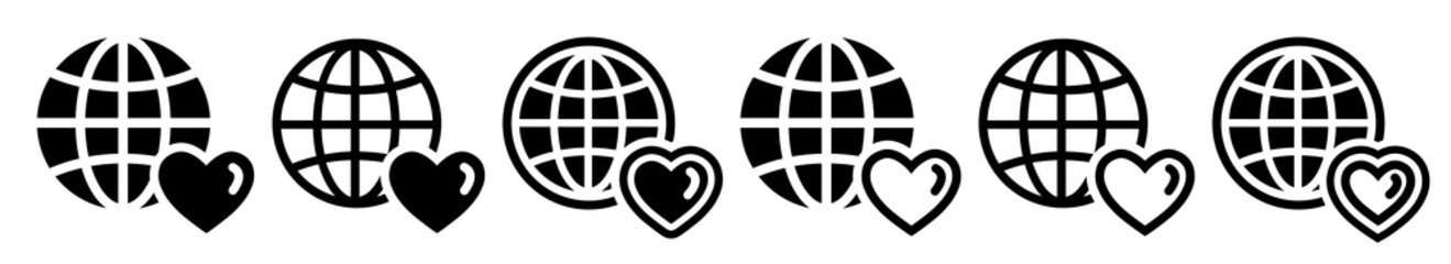 Set of friendship and love icons, friends world, relation. Globe with heart icon. Happy friendship day or love, world love, celebration. Vector illustration.