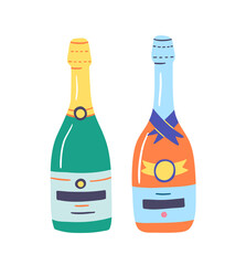 Cartoon Color Various Bottles Champagne Icon Set Isolated on a White Background Flat Design Style Alcoholic Beverage for Celebration Concept. Vector illustration