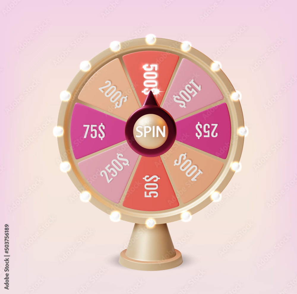 Wall mural 3d Fortune Spinning Wheel Plasticine Cartoon Style on a Pink Background. Vector illustration of Casino Gamble Concept