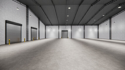 Warehouse or industry building interior.  industrial building empty space. Modern interior design with polished concrete floor and empty space for product display, industry background. 3d render.
