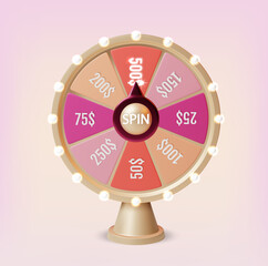 3d Fortune Spinning Wheel Plasticine Cartoon Style on a Pink Background. Vector illustration of Casino Gamble Concept