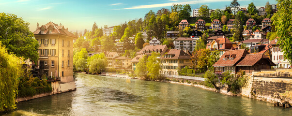 Romantic streets and canals of Bern capital city of Switzerland. Swiss travel and landmarks