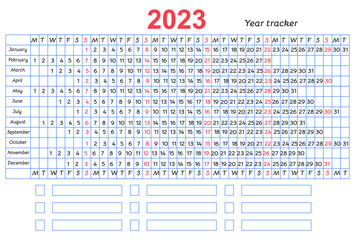 Calendar mood and habit  tracker grid 2023 year. Vector design with blue line and red sundays. Table template on white background for organization and business.