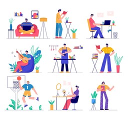 Modern people playing guitar, read book, gardening, gaming, blogging, podcasting . Set of man and woman enjoying their hobbies, work, leisure. Vector illustration in flat cartoon style.