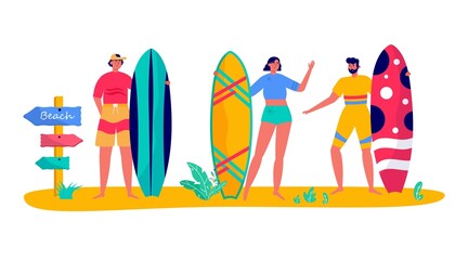 Concept of people surfing with surfboards, travel. Young women, men enjoying vacation on the sea, ocean. Concept of summer sports and leisure outdoor activities, walking. Flat vector