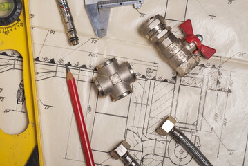 Plumbing fixtures and piping parts. drawings and projects of plumbing communications.