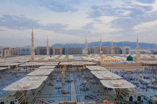 Atmospere around of Al-Masjid al-Nabawi in Al Haram that a mosque established by the Islamic prophet Muhammad, situated in the city of Medina in Saudi arabia.