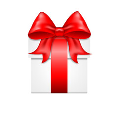 A white gift box with a red satin bow. Isolated on a white background. Tied with a red wrapping tape, it stands on the surface, front view.