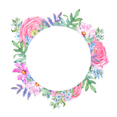 Watercolor  frame of flowers isolated on white background. Original hand painted pink ranunculus, blue forget me not, purple and green leaves. 