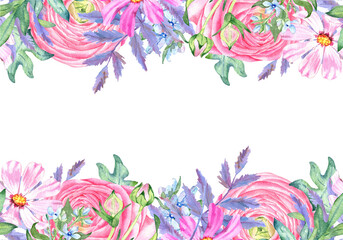 Watercolor  flowers banner isolated on white. Seamless pattern. Original hand painted pink ranunculus, blue forget me not, purple and green leaves. 