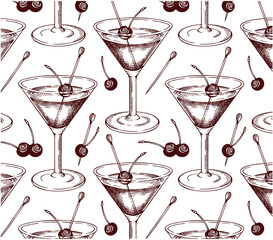 Sketch hand drawn pattern of Manhattan cocktail in glass with brandied cherry isolated on white background. Engraved drawing alcohol drink. Bar menu. Vintage beverage wallpaper. Vector illustration. - 503758338