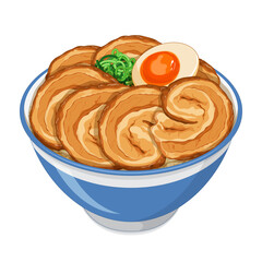 Japanese chashu don rice bowl recipe isolated on white background illustration vector.