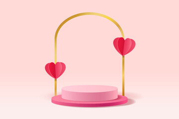 Abstract 3D pastel pink scene with cylinder stand for displaying products decorated with paper cut hearts and arch gold