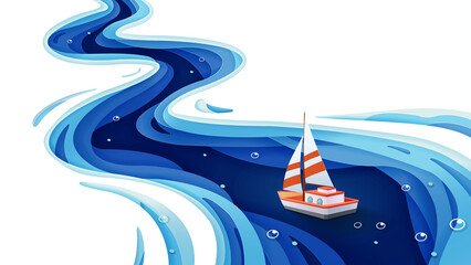 Paper art of sailboat at the sea, Relaxing holiday with a leisurely sailing cruise