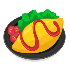 Japanese fried rice with tomato sauce (Japanese omelette rice) illustration vector.