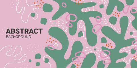 Summer Horizontal abstract Banner with different Shapes and Leaves. Colorful hand drawn background. Vector cover