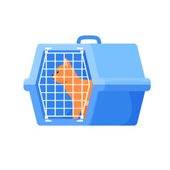Cat in carrier. Plastic carrying case for traveling with pets or visiting veterinarian. Red cat in transportation box or kennel. Flat style vector