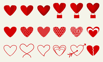 set of red hearts on white background