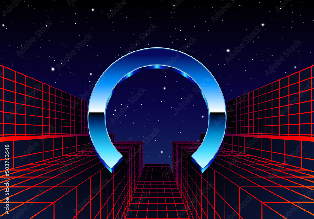 Aufkleber synthwave frame with chrome arc and 80s styled synthwave arcade game landscape.