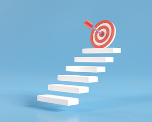 3d step with red arrow center on top stair. business strategy step to success. goal and target achievement concept. dart hit on bulleyes. 3d render illustration minimal style. - obrazy, fototapety, plakaty