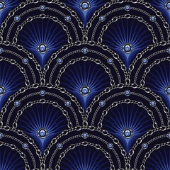 Seamless blue pattern with fan shaped grid, silver chains, sapphire gemstones, thin color rays inside of grid cell. Classic luxury background. Vector
