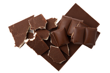 Slices of delicious milk chocolate isolated on white background. Chocolate bar. Sweets with cocoa butter.