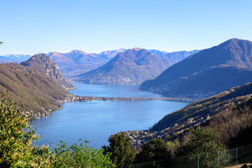 Naklejka na ściany i meble The View to the Lake Lugano and the surrounding Mountains from Serpiano, Ticino, Switzerland
