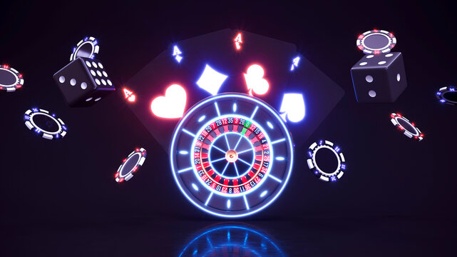Neon casino background design with neon roulette and chips falling 3d rendering