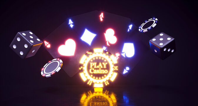 Casino background with neon chips falling Falling poker chips, 3d rendering