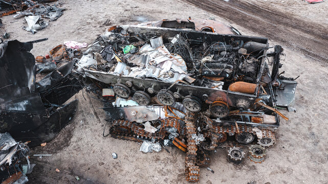 The war in Ukraine, destroyed Russian military equipment, destroyed MTLB lie on top of each other, near Irpin, Kyiv region. View from the drone, aerial photography