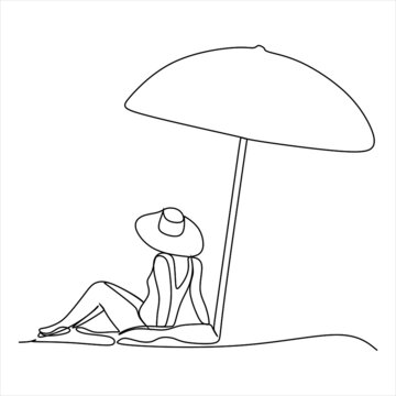 Continuous single drawn one line girl on the beach under umbrella hand-drawn picture silhouette. Line Art