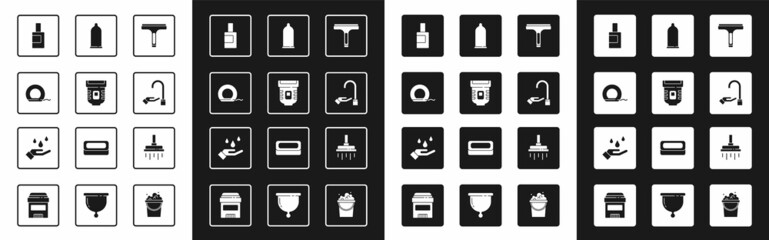 Set Rubber cleaner, Epilator, Dental floss, Bottle for cleaning agent, Washing hands with soap, Condom, Shower head and icon. Vector