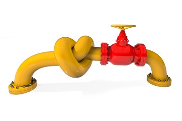 Gas pipeline under sanctions. The gas pipe is tied in a knot. The gas is closed. Valve on the pipe