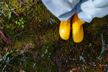 The legs of a woman in jeans and yellow boots stand on moss in the forest top view