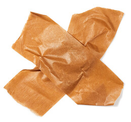 Torn piece of beige adhesive tape isolated on white background