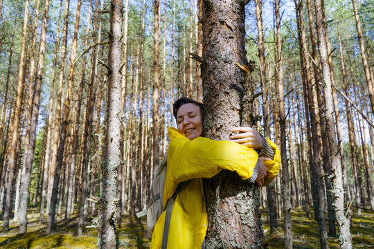 A young woman in a yellow raincoat stands in the forest, hugs a tree with both hands and smiles