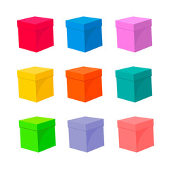Boxes set. Collection of colorful closed warehouse cardboard box. Color image of package. Vector illustration of paper cubes