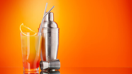 Cocktail shaker and tequila sunrise cocktail
