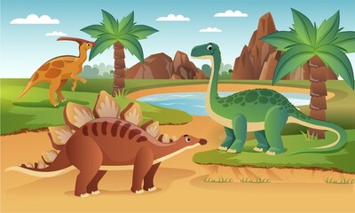 Vector collection of cute flat dinosaurs, including stegosaurus, brachiosaurus, highlighted against the background of jungles and mountains
