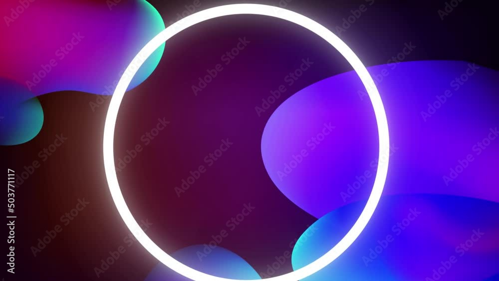Poster Abstract vector background with glowing neon circle and moving elements arownd. 3d video