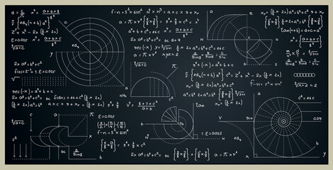 Mathematical and scientific formulas for finding the area of a circle on a blackboard. - obrazy, fototapety, plakaty