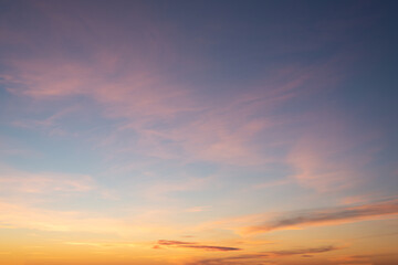 Colored stains in the morning sky at dawn. Sky replacement.