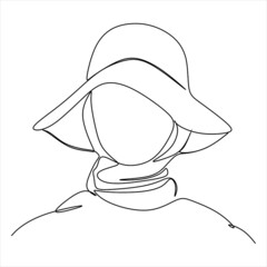 One continuous single drawing line art flat doodle girl, hat, female, person, beauty, face. Isolated image hand draw contour on a white background