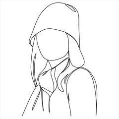 One continuous single drawing line art flat doodle girl, hat, female, person, beauty, face. Isolated image hand draw contour on a white background
