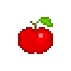 Obraz premium Red pixel apple. Sweet fruit with green leaves. Game and animated 8bit item with bright colors and vector gradient