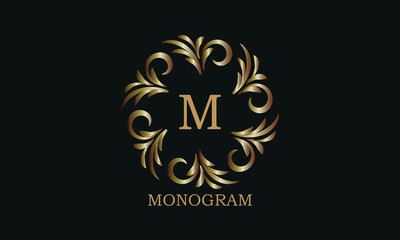Golden monogram design template with letter M. Round logo, business identity sign for restaurant, boutique, cafe, hotel, heraldic, jewelry.