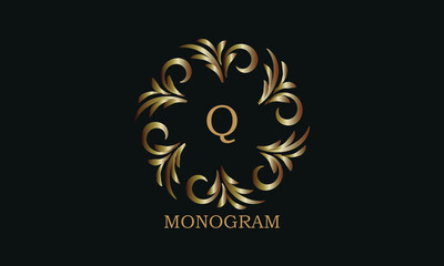 Golden monogram design template with letter Q. Round logo, business identity sign for restaurant, boutique, cafe, hotel, heraldic, jewelry.