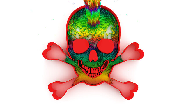 recommend clip art: Jolly Roger formed by multicolored liquids, traditional English symbol to identify a pirate ship about to attack, 3d illustration, 3d rendering