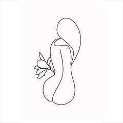Minimal women's art. One Line Art. Female body with flowers. Women's pose. Wall portrait